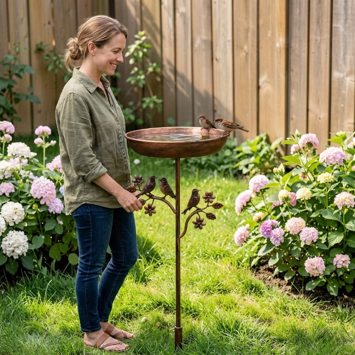 Garden Bird Bath Weatherproof Copper-Look Metal Ground Spike
