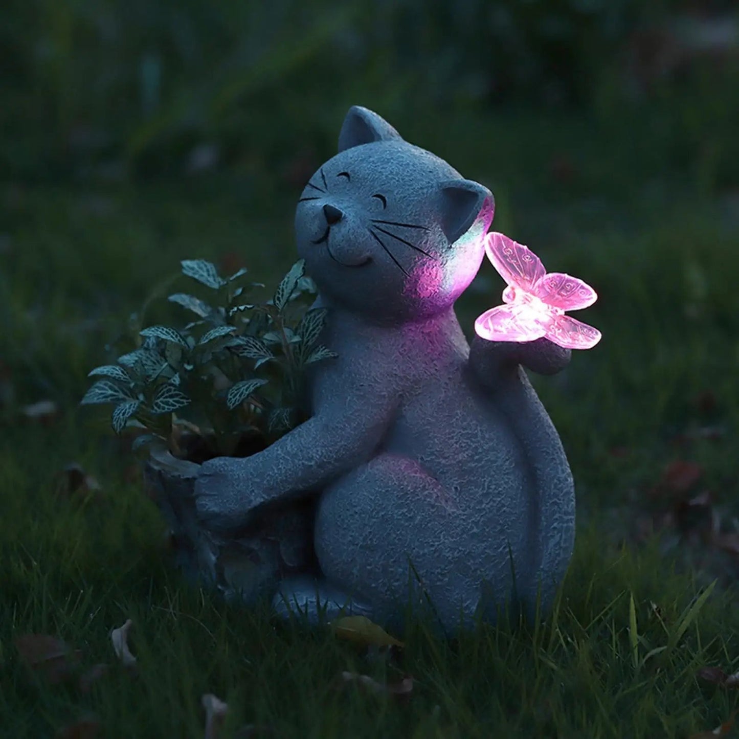 Garden Cat Figurine Solar-Powered LED Weather-Resistant Resin