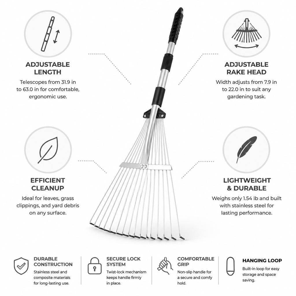 Garden Rake Telescopic Adjustable Head Stainless Steel