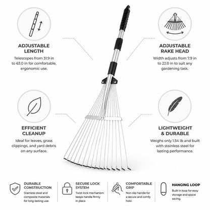 Garden Rake Telescopic Adjustable Head Stainless Steel