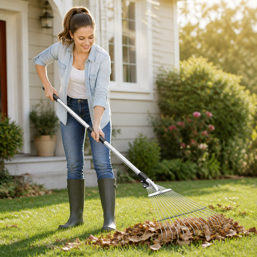 Garden Rake Telescopic Handle Adjustable Head Stainless Steel Tines