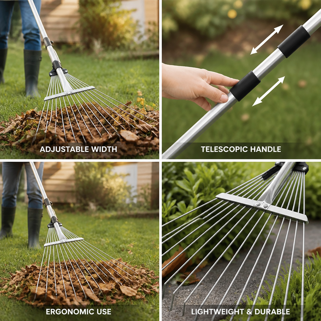 Garden Rake Telescopic Handle Adjustable Head Stainless Steel Tines