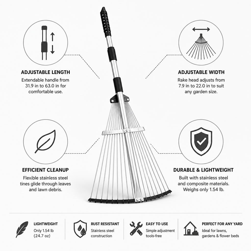 Garden Rake Telescopic Handle Adjustable Head Stainless Steel Tines