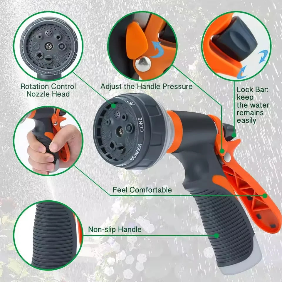 Garden Spray Gun 8-Mode Nozzle Locking Trigger & Non-Slip Handle