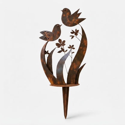 Garden Stake Bird & Flower Weathered Rust Iron