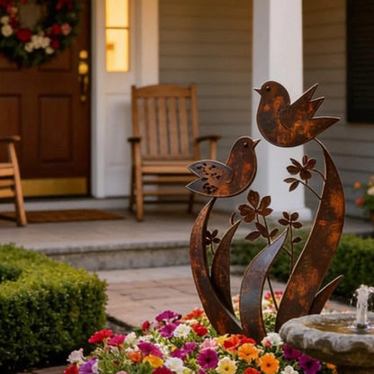 Garden Stake Bird & Flower Weathered Rust Iron