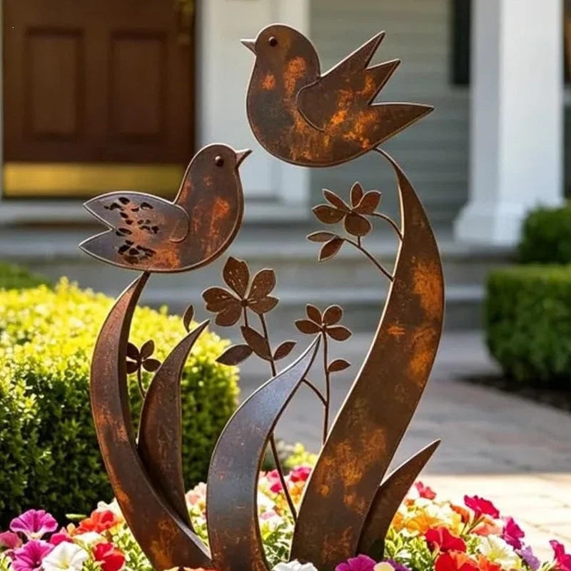 Garden Stake Bird & Flower Weathered Rust Iron