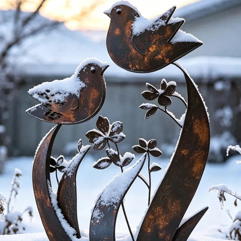 Garden Stake Bird & Flower Weathered Rust Iron
