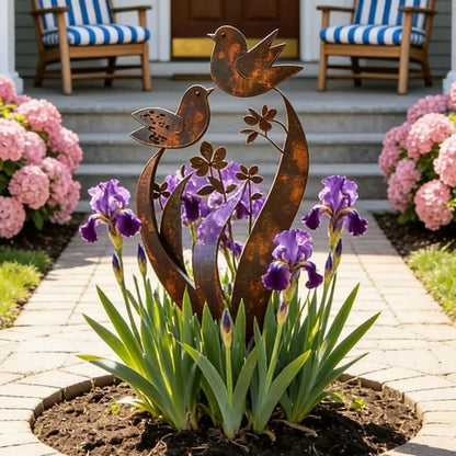 Garden Stake Bird & Flower Weathered Rust Iron