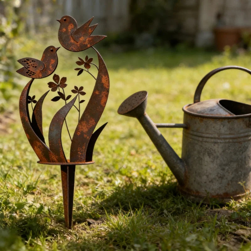 Garden Stake Bird & Flower Weathered Rust Iron