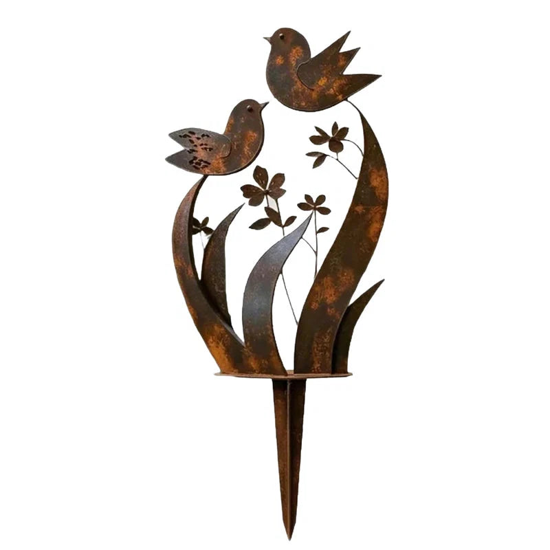 Garden Stake Bird & Flower Weatherproof Rust Brown Iron