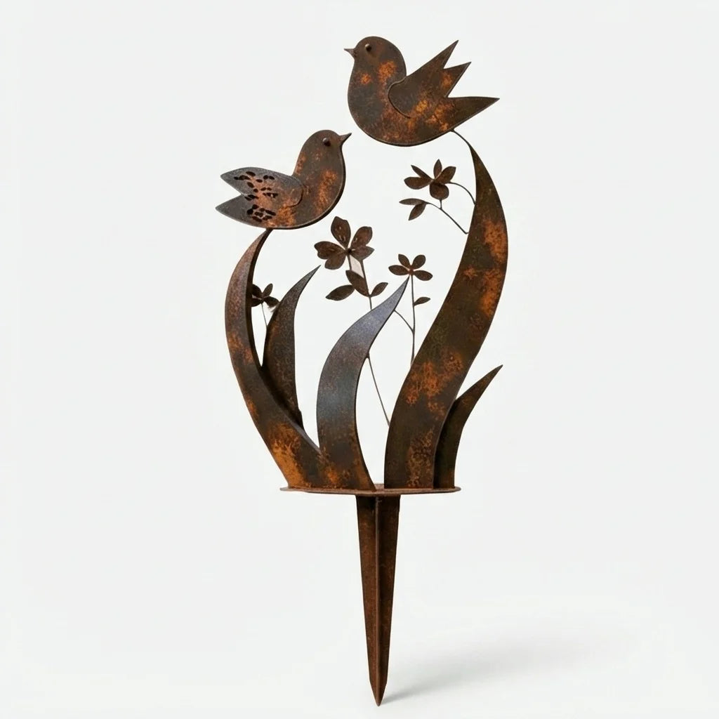 Garden Stake Bird & Flower Weatherproof Rust Brown Iron