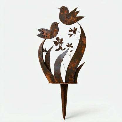 Garden Stake Bird & Flower Weatherproof Rust Brown Iron