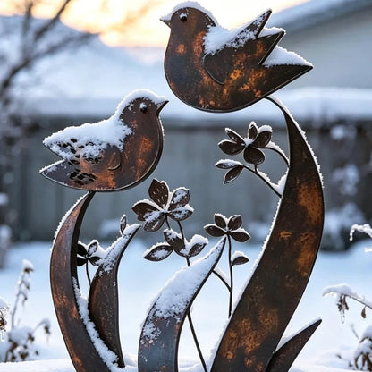 Garden Stake Bird & Flower Weatherproof Rust Brown Iron