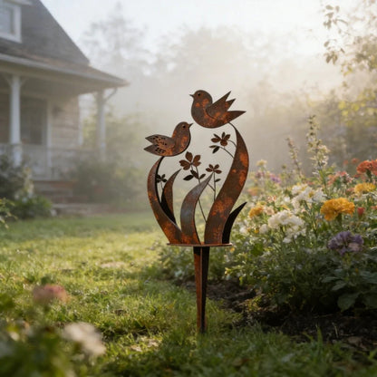 Garden Stake Bird & Flower Weatherproof Rust Brown Iron