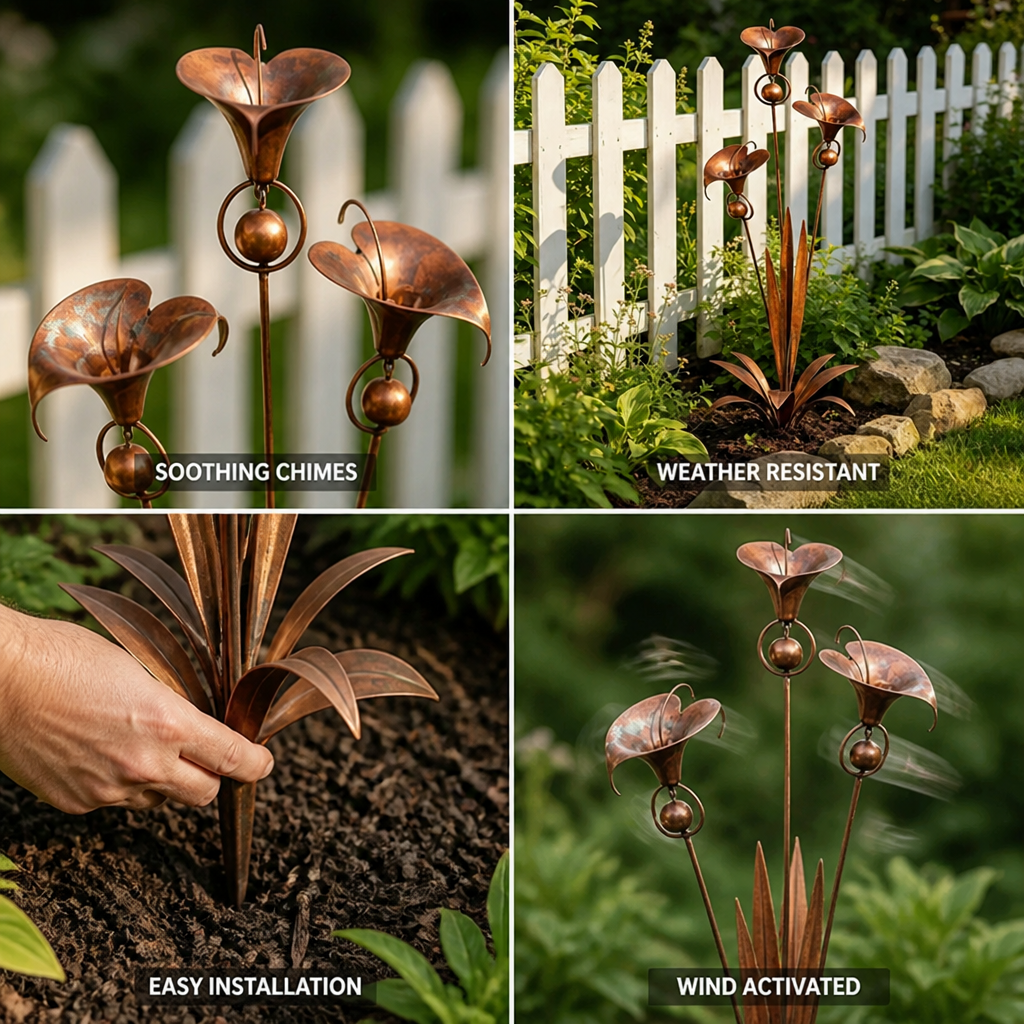 Garden Stake Calla Lily Wind Chimes Hand-Flamed Copper-Look Iron