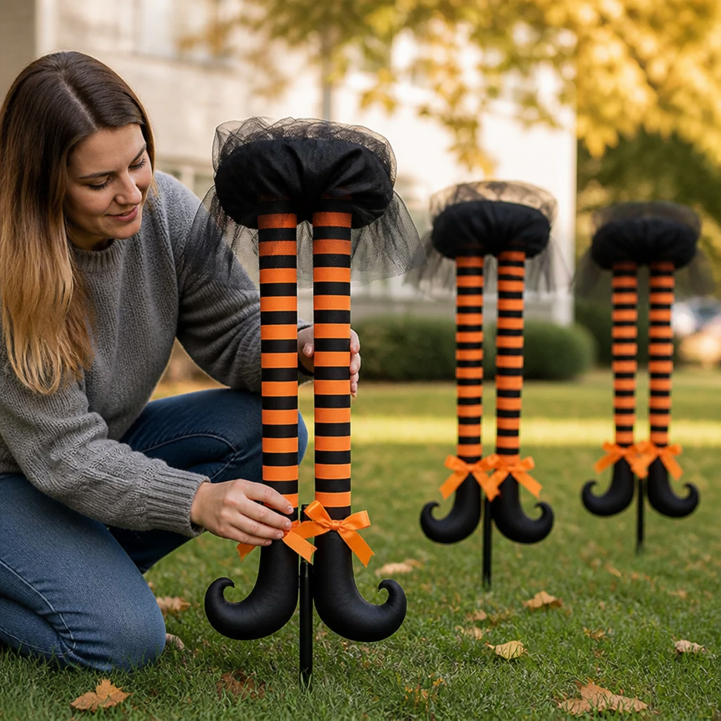 Garden Stake Witch Stockings Illuminated Battery-Operated Timer