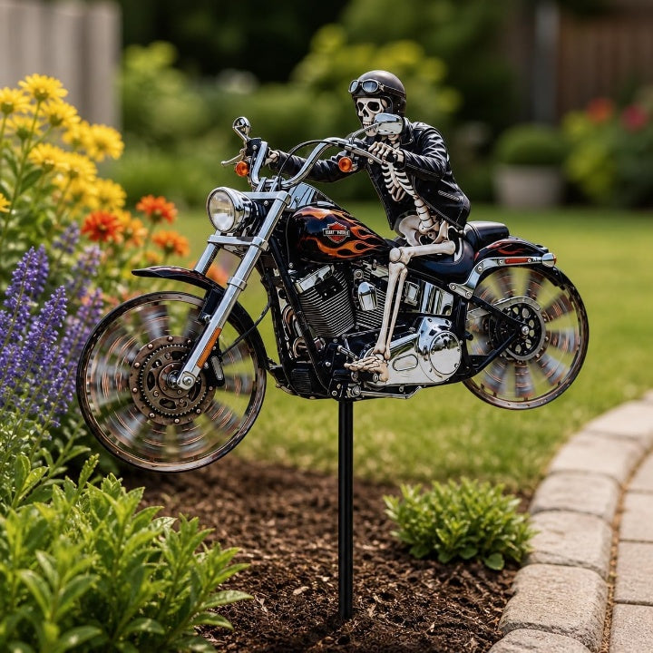Garden Wind Spinner Skeleton Motorcycle Design Acrylic & Weather-Resistant