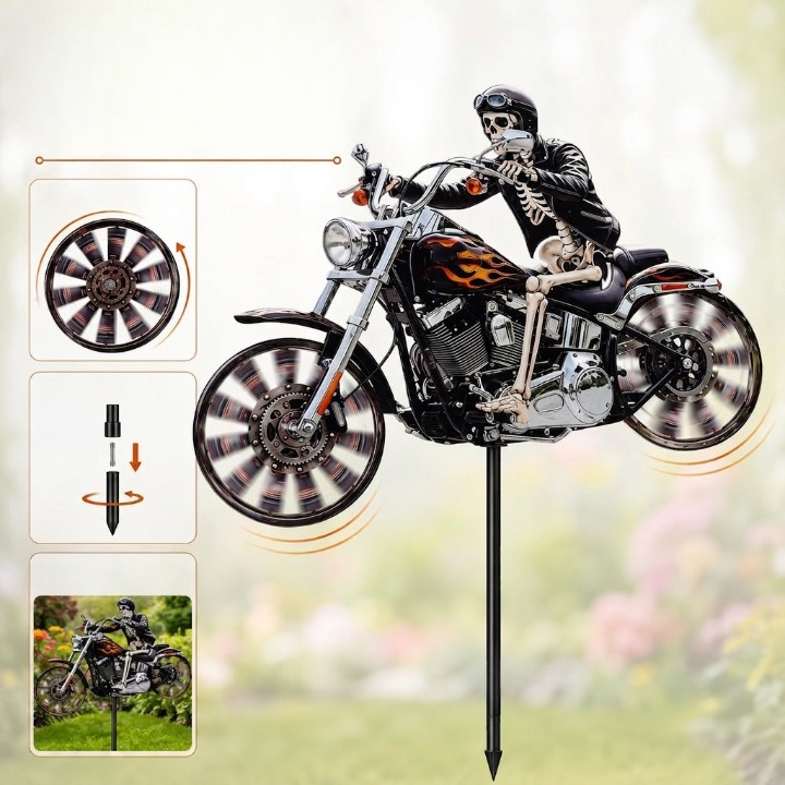 Garden Wind Spinner Skeleton Motorcycle Design Acrylic & Weather-Resistant