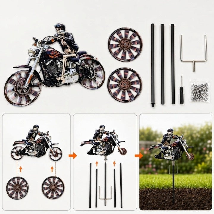 Garden Wind Spinner Skeleton Motorcycle Design Acrylic & Weather-Resistant