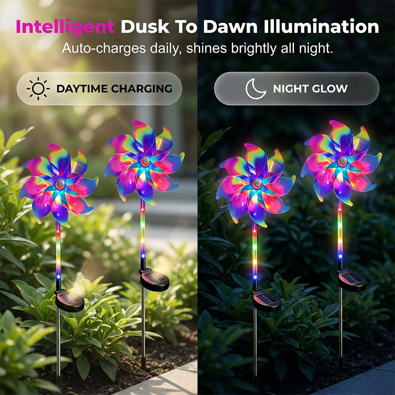 Garden Wind Spinner Solar-Powered Rainbow LED Dusk Activated
