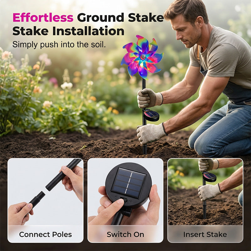 Garden Wind Spinner Solar-Powered Rainbow LED Dusk Activated