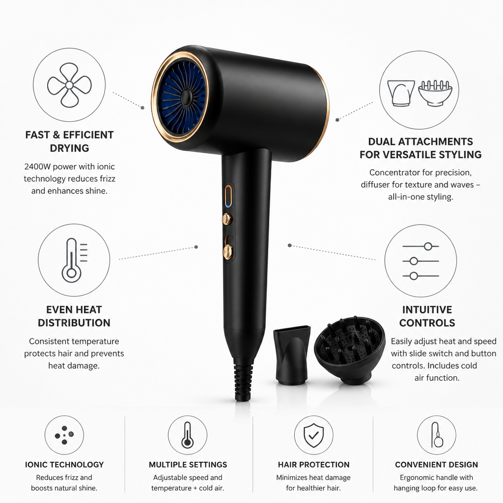 Hair Dryer 2400W Ionic Diffuser & Concentrator