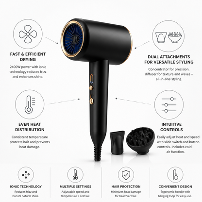 Hair Dryer 2400W Ionic Diffuser & Concentrator