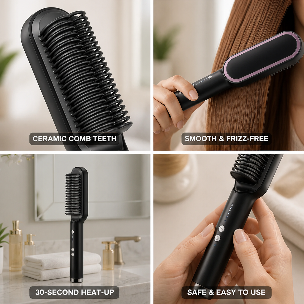 Hair Straightener Brush Ionic Ceramic Heated Teeth 30-Second Heat-Up