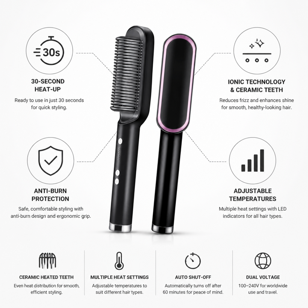Hair Straightener Brush Ionic Ceramic Heated Teeth 30-Second Heat-Up