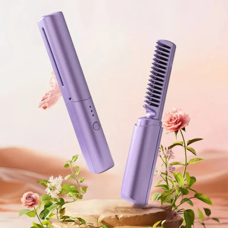 Hair Straightening Brush Cordless Rechargeable Ceramic-Coated