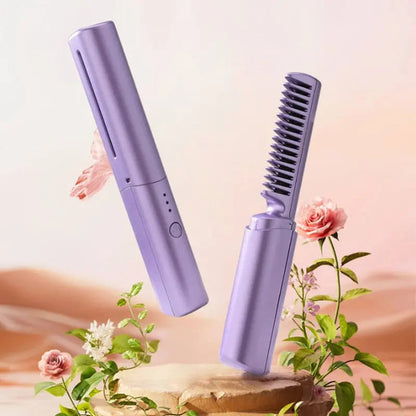 Hair Straightening Brush Cordless Rechargeable Ceramic-Coated