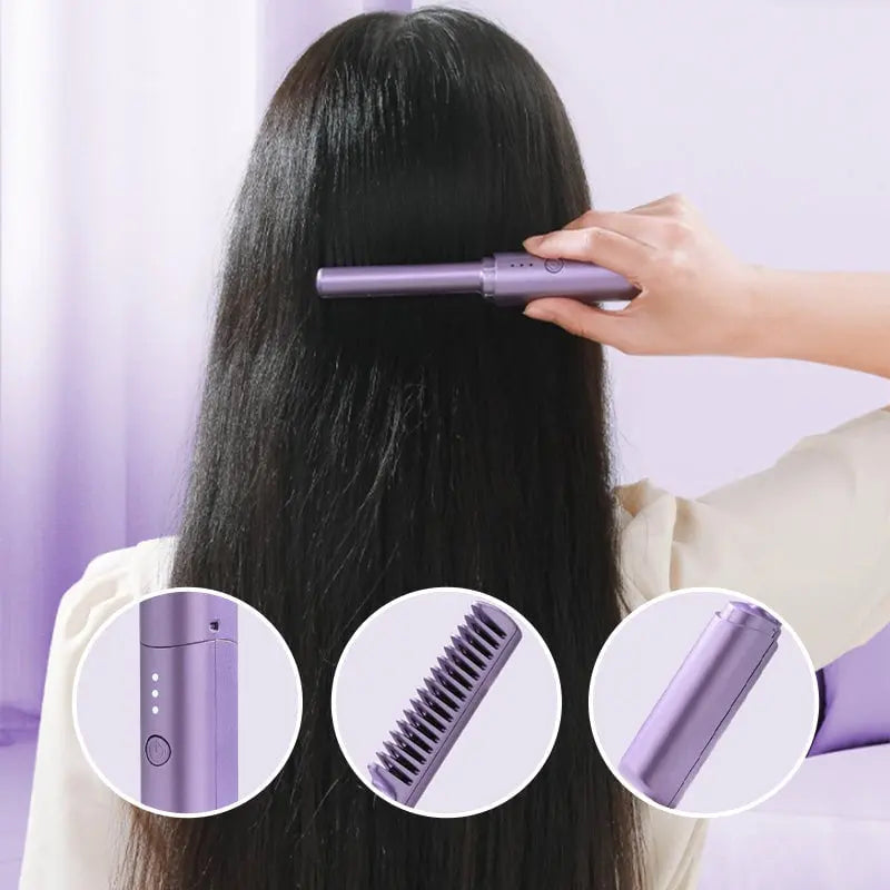 Hair Straightening Brush Cordless Rechargeable Ceramic-Coated
