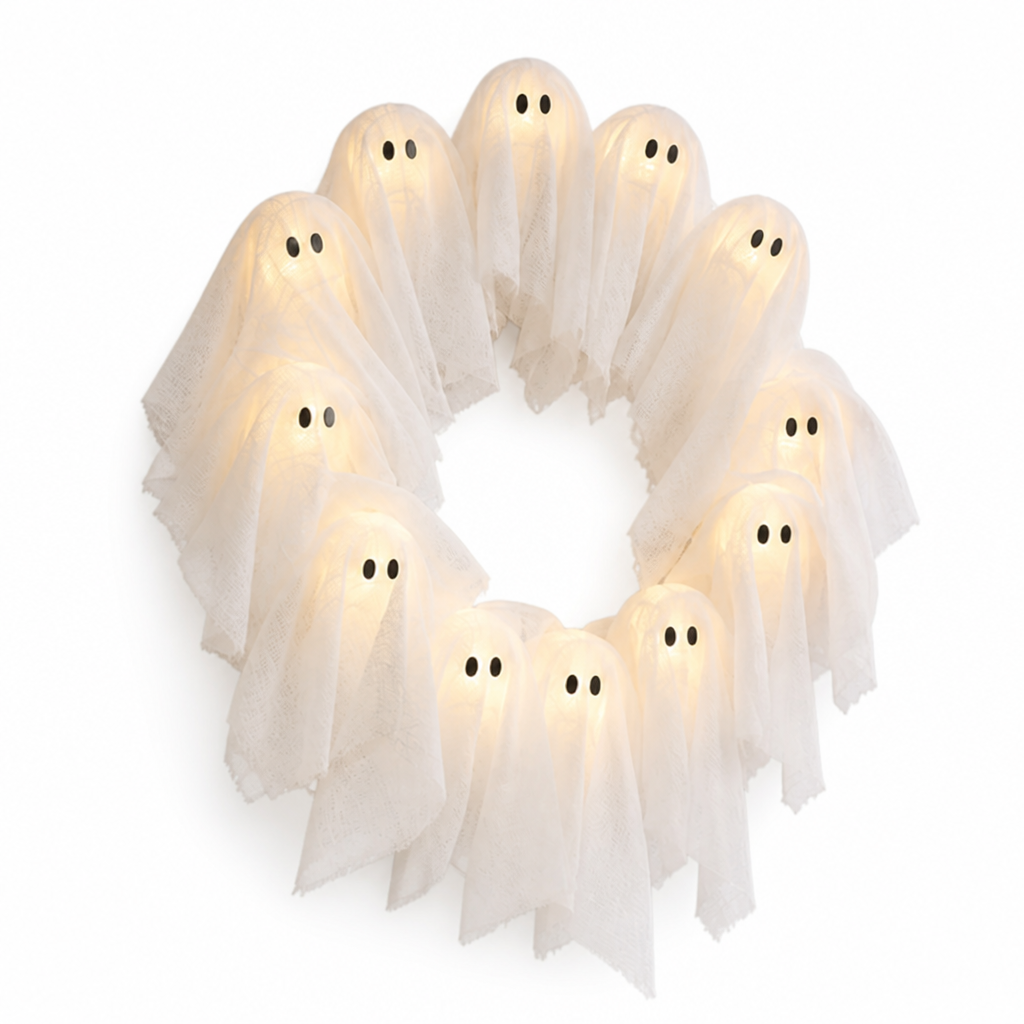 Halloween Wreath 12 LED Ghosts Battery-Powered Shape-Stable