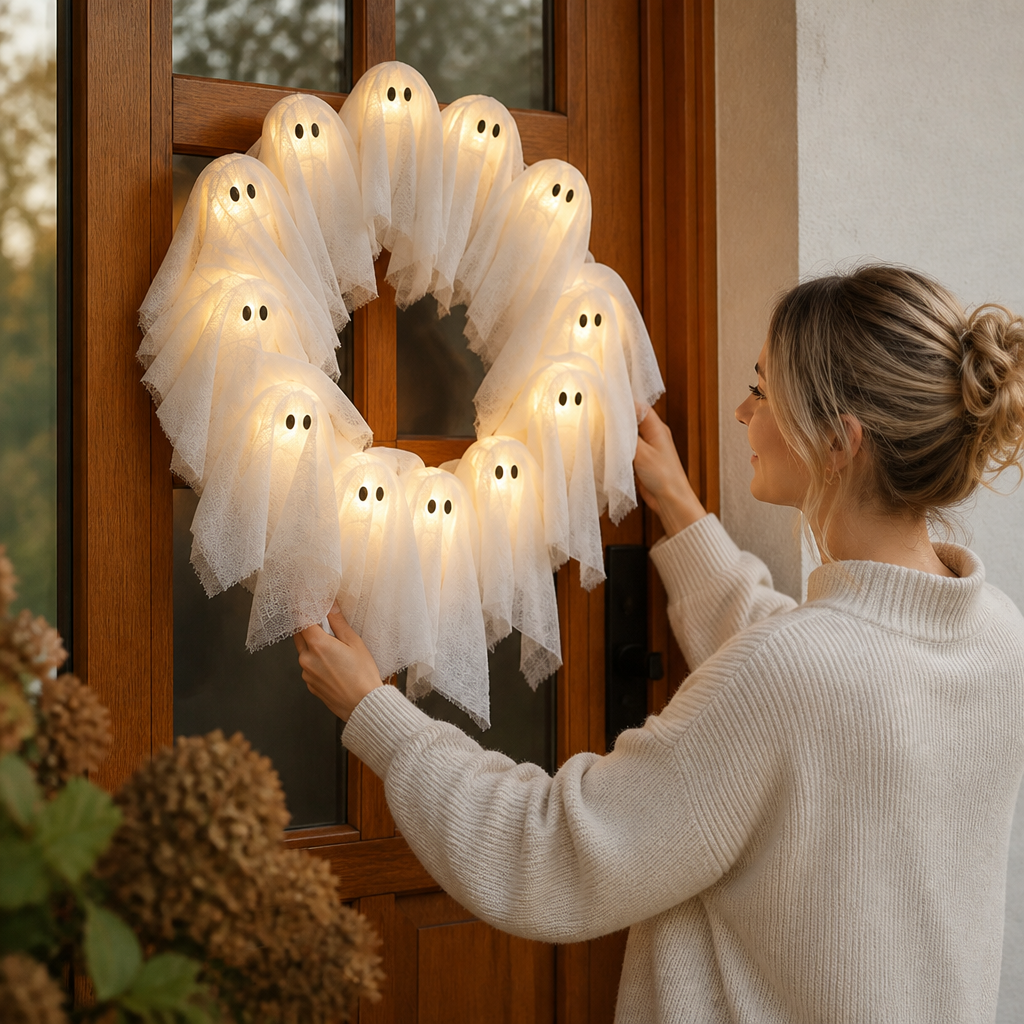 Halloween Wreath 12 LED Ghosts Battery-Powered Shape-Stable