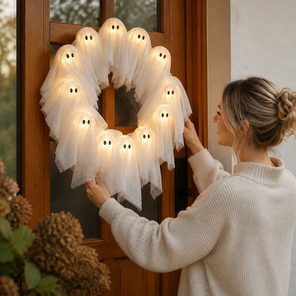 Halloween Wreath 12 LED Ghosts Battery-Powered Shape-Stable