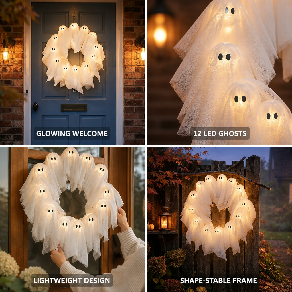 Halloween Wreath 12 LED Ghosts Battery-Powered Shape-Stable