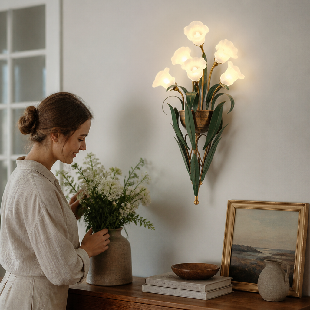 Hand-Blown Glass & Antique Iron Floral Wall Sconce (6- or 10-Light)