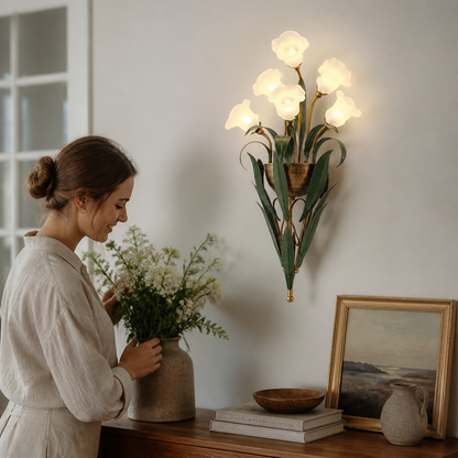 Hand-Blown Glass & Antique Iron Floral Wall Sconce (6- or 10-Light)