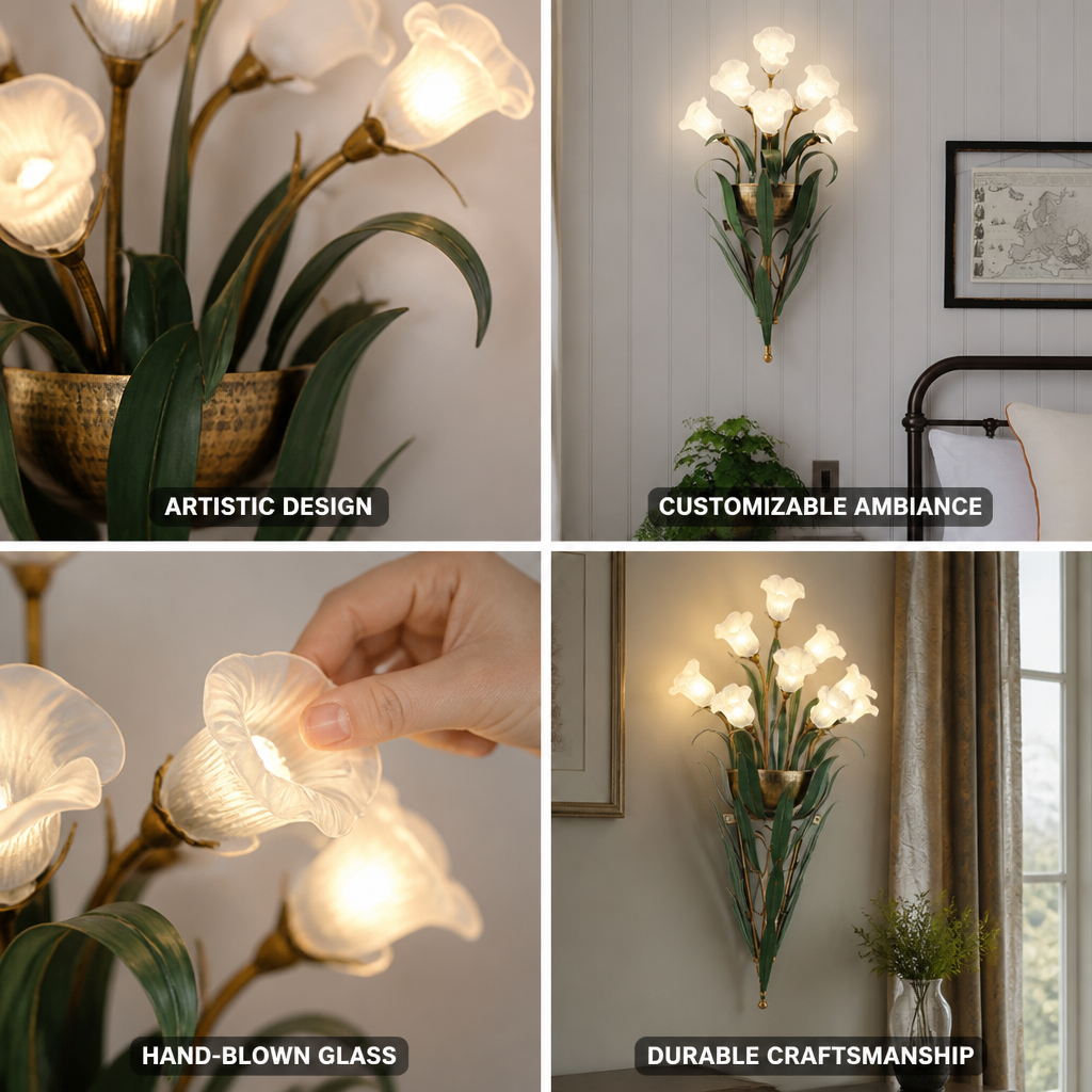Hand-Blown Glass & Antique Iron Floral Wall Sconce (6- or 10-Light)
