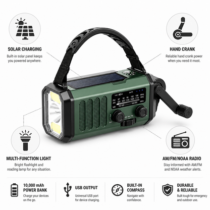 Hand Crank Solar Charging AM/FM NOAA Weather Emergency Radio (10,000 mAh Power Bank)