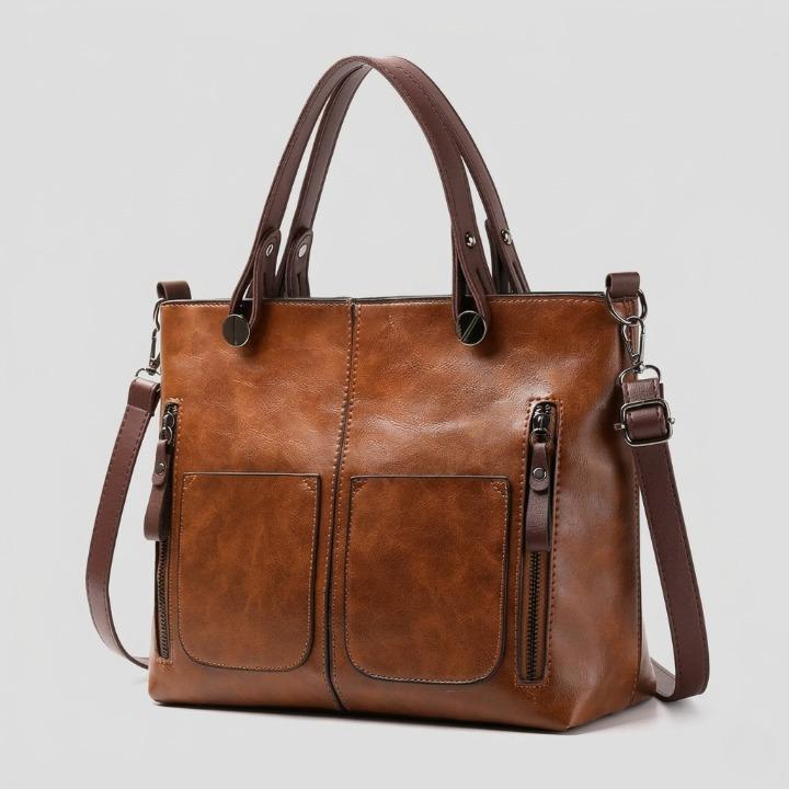 Handbag Genuine Leather Two Front Zippered Pockets Adjustable Strap