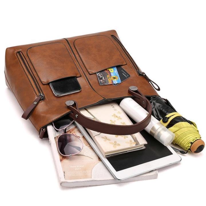 Handbag Genuine Leather Two Front Zippered Pockets Adjustable Strap