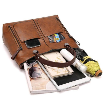Handbag Genuine Leather Two Front Zippered Pockets Adjustable Strap