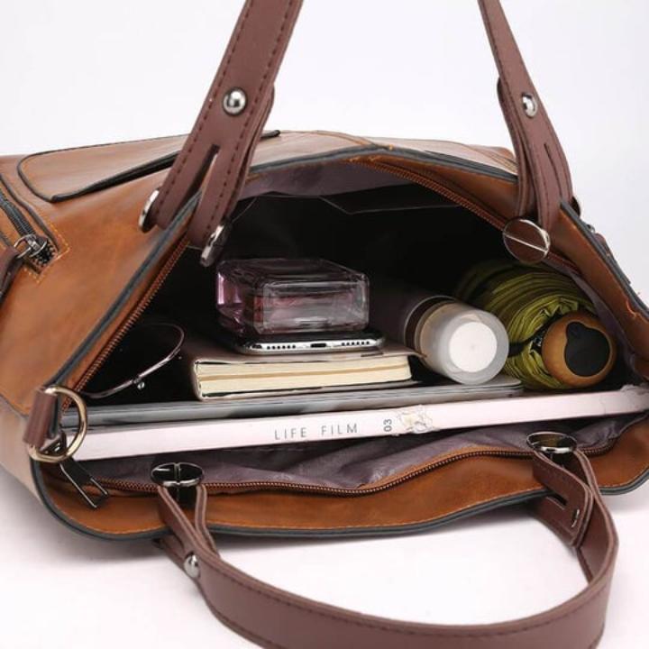 Handbag Genuine Leather Two Front Zippered Pockets Adjustable Strap