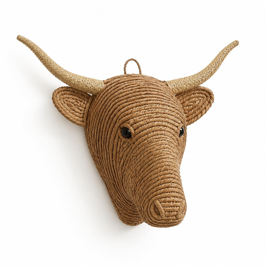 Handcrafted Natural Fiber Cow Head Indoor Wall Sculpture