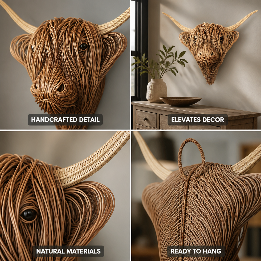Handcrafted Natural Fiber Cow Head Indoor Wall Sculpture
