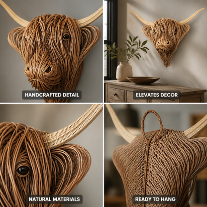 Handcrafted Natural Fiber Cow Head Indoor Wall Sculpture
