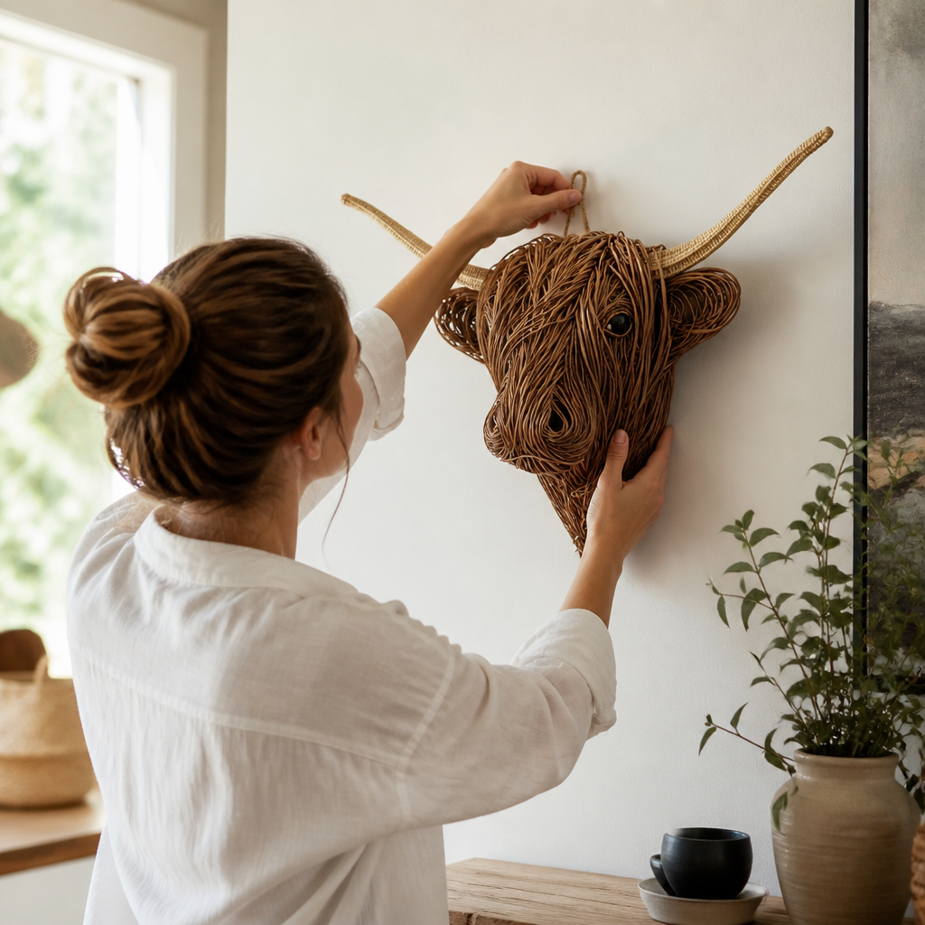 Handcrafted Natural Fiber Cow Head Indoor Wall Sculpture