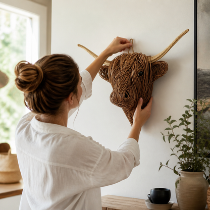 Handcrafted Natural Fiber Cow Head Indoor Wall Sculpture